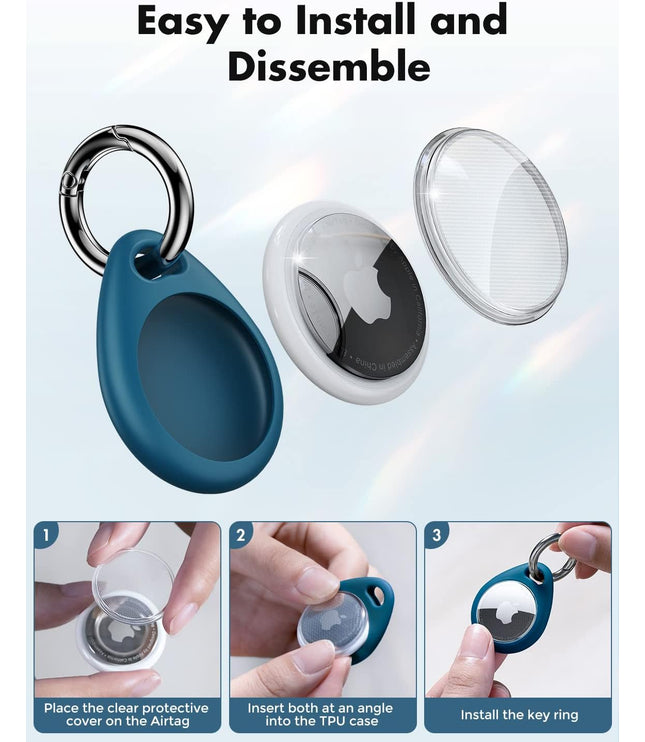 360° Protective Case for Airtag, [4-Pack] Airtags Keyring Holder, Scratch-Resistant, Lock Design, Keychain for Airtag, TPU Full Cover Case for Key, Bag, Luggage, Pet Collar (Black&Blue)