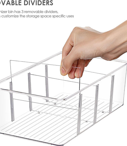 4 Pack Food Storage Organizer Bins, Clear Plastic Bins for Pantry, Kitchen, Fridge, Cabinet Organization and Storage, 4 Compartment Holder Packets, Snacks, Pouches, Spice Packets