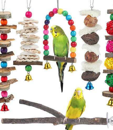 Bird Perch & Toys - 6 Pack Accessories, Wooden Chew Toys & Perch Stand for Parakeet, Conure, Cockatiel, Lovebird, Parrotlet, Budgie, Finches & Other Small to Medium Sized Birds