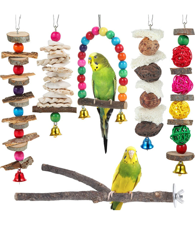 Bird Perch & Toys - 6 Pack Accessories, Wooden Chew Toys & Perch Stand for Parakeet, Conure, Cockatiel, Lovebird, Parrotlet, Budgie, Finches & Other Small to Medium Sized Birds