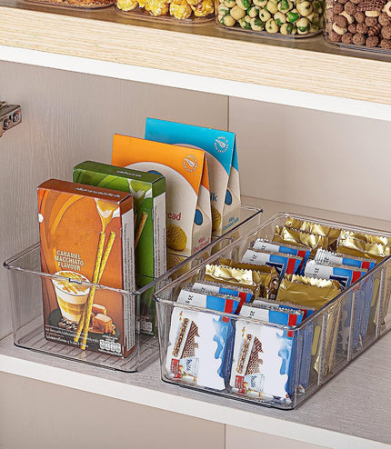 4 Pack Food Storage Organizer Bins, Clear Plastic Bins for Pantry, Kitchen, Fridge, Cabinet Organization and Storage, 4 Compartment Holder Packets, Snacks, Pouches, Spice Packets