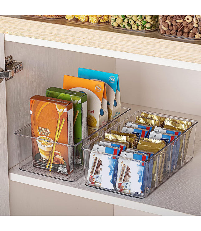 4 Pack Food Storage Organizer Bins, Clear Plastic Bins for Pantry, Kitchen, Fridge, Cabinet Organization and Storage, 4 Compartment Holder Packets, Snacks, Pouches, Spice Packets