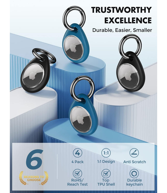 360° Protective Case for Airtag, [4-Pack] Airtags Keyring Holder, Scratch-Resistant, Lock Design, Keychain for Airtag, TPU Full Cover Case for Key, Bag, Luggage, Pet Collar (Black&Blue)