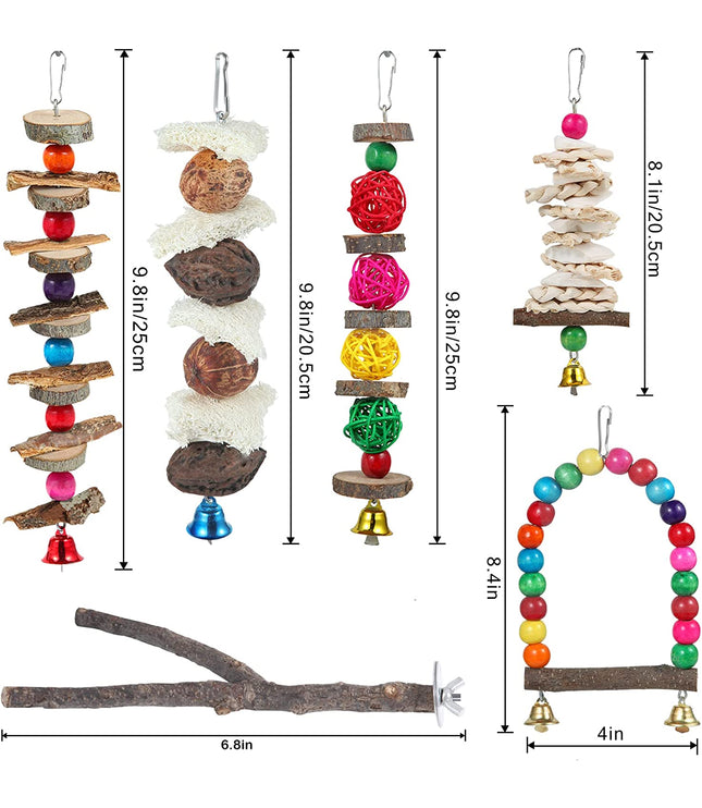 Bird Perch & Toys - 6 Pack Accessories, Wooden Chew Toys & Perch Stand for Parakeet, Conure, Cockatiel, Lovebird, Parrotlet, Budgie, Finches & Other Small to Medium Sized Birds