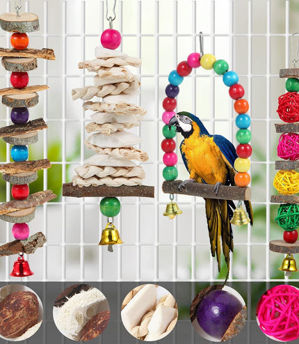 Bird Perch & Toys - 6 Pack Accessories, Wooden Chew Toys & Perch Stand for Parakeet, Conure, Cockatiel, Lovebird, Parrotlet, Budgie, Finches & Other Small to Medium Sized Birds
