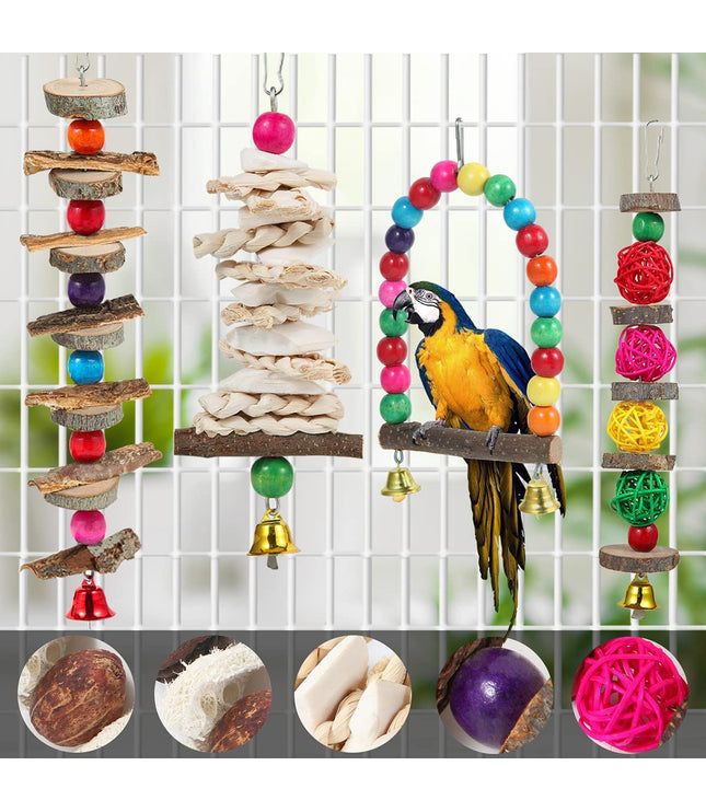 Bird Perch & Toys - 6 Pack Accessories, Wooden Chew Toys & Perch Stand for Parakeet, Conure, Cockatiel, Lovebird, Parrotlet, Budgie, Finches & Other Small to Medium Sized Birds