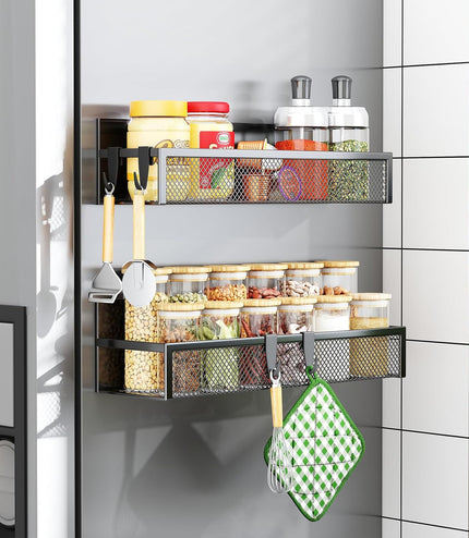 Magnetic Spice Rack for Refrigerator, 2 Pack Magnetic Shelf, Fridge Magnet Organizer with Moveable 4 Hooks, Magnet Fridge Shelf for Kitchen Organization and Storage (2 Pack)