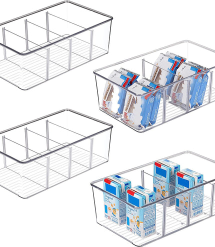 4 Pack Food Storage Organizer Bins, Clear Plastic Bins for Pantry, Kitchen, Fridge, Cabinet Organization and Storage, 4 Compartment Holder Packets, Snacks, Pouches, Spice Packets