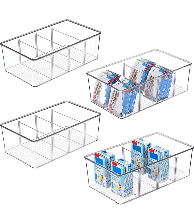 4 Pack Food Storage Organizer Bins, Clear Plastic Bins for Pantry, Kitchen, Fridge, Cabinet Organization and Storage, 4 Compartment Holder Packets, Snacks, Pouches, Spice Packets