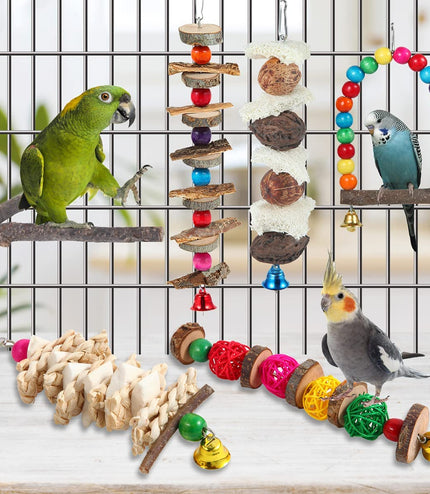 Bird Perch & Toys - 6 Pack Accessories, Wooden Chew Toys & Perch Stand for Parakeet, Conure, Cockatiel, Lovebird, Parrotlet, Budgie, Finches & Other Small to Medium Sized Birds