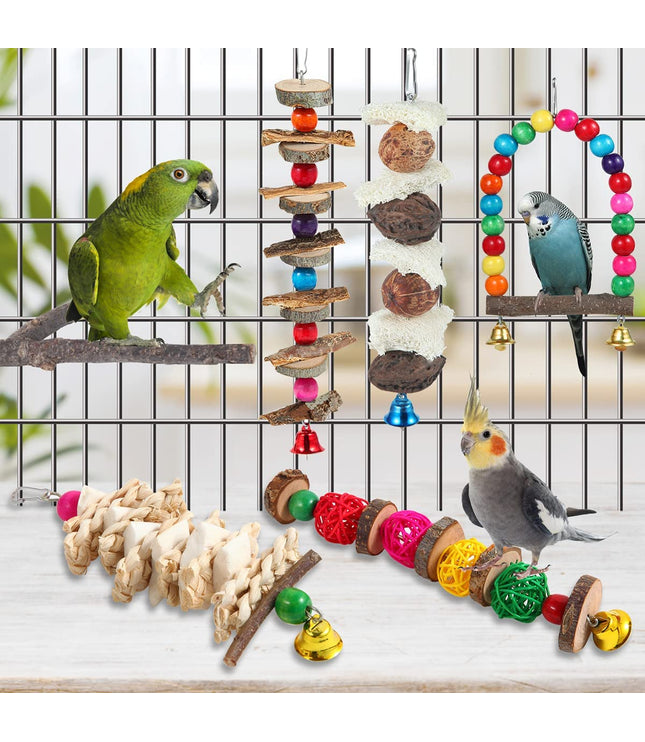 Bird Perch & Toys - 6 Pack Accessories, Wooden Chew Toys & Perch Stand for Parakeet, Conure, Cockatiel, Lovebird, Parrotlet, Budgie, Finches & Other Small to Medium Sized Birds