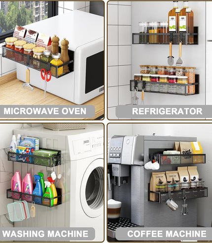 Magnetic Spice Rack for Refrigerator, 2 Pack Magnetic Shelf, Fridge Magnet Organizer with Moveable 4 Hooks, Magnet Fridge Shelf for Kitchen Organization and Storage (2 Pack)