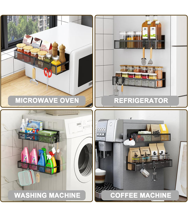 Magnetic Spice Rack for Refrigerator, 2 Pack Magnetic Shelf, Fridge Magnet Organizer with Moveable 4 Hooks, Magnet Fridge Shelf for Kitchen Organization and Storage (2 Pack)