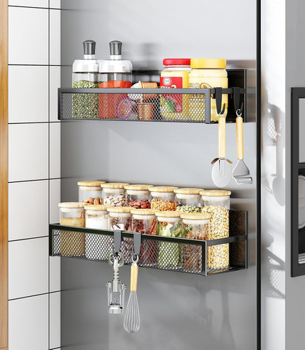 Magnetic Spice Rack for Refrigerator, 2 Pack Magnetic Shelf, Fridge Magnet Organizer with Moveable 4 Hooks, Magnet Fridge Shelf for Kitchen Organization and Storage (2 Pack)