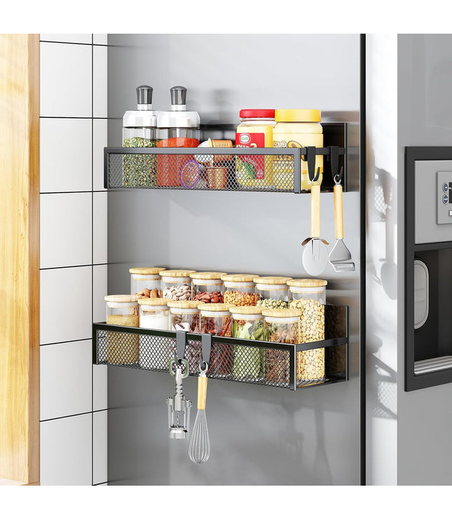 Magnetic Spice Rack for Refrigerator, 2 Pack Magnetic Shelf, Fridge Magnet Organizer with Moveable 4 Hooks, Magnet Fridge Shelf for Kitchen Organization and Storage (2 Pack)