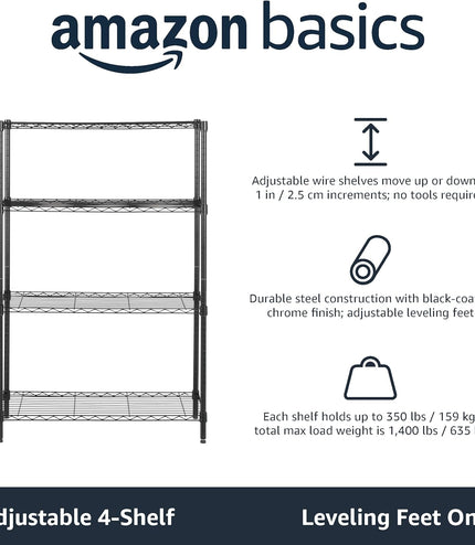 4-Shelf Storage Unit with Height Adjustable Shelves and Levelling Feet, 640 Kg Max Weight, Black, 35.6 Cm D X 91.4 Cm W X 137.1 Cm H