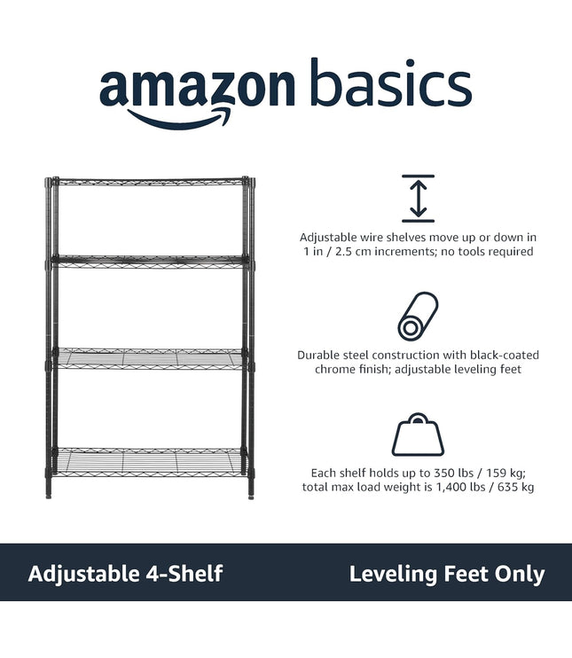 4-Shelf Storage Unit with Height Adjustable Shelves and Levelling Feet, 640 Kg Max Weight, Black, 35.6 Cm D X 91.4 Cm W X 137.1 Cm H