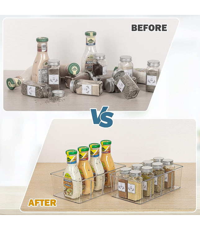 4 Pack Food Storage Organizer Bins, Clear Plastic Bins for Pantry, Kitchen, Fridge, Cabinet Organization and Storage, 4 Compartment Holder Packets, Snacks, Pouches, Spice Packets