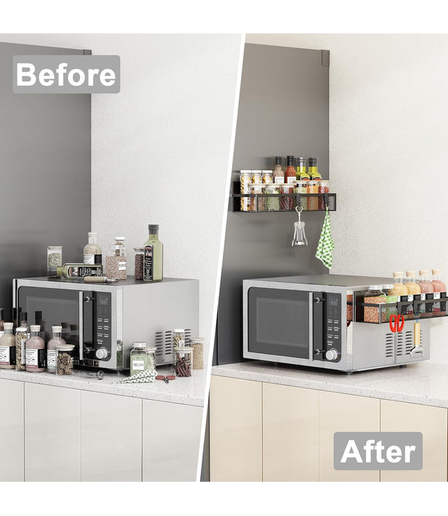 Magnetic Spice Rack for Refrigerator, 2 Pack Magnetic Shelf, Fridge Magnet Organizer with Moveable 4 Hooks, Magnet Fridge Shelf for Kitchen Organization and Storage (2 Pack)