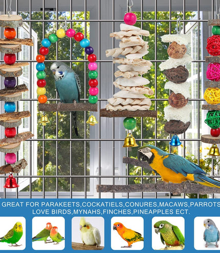 Bird Perch & Toys - 6 Pack Accessories, Wooden Chew Toys & Perch Stand for Parakeet, Conure, Cockatiel, Lovebird, Parrotlet, Budgie, Finches & Other Small to Medium Sized Birds