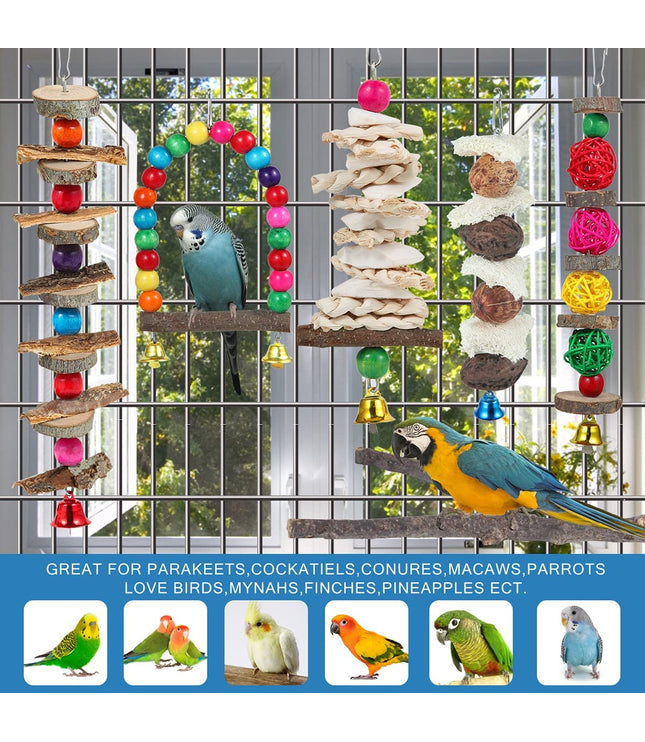 Bird Perch & Toys - 6 Pack Accessories, Wooden Chew Toys & Perch Stand for Parakeet, Conure, Cockatiel, Lovebird, Parrotlet, Budgie, Finches & Other Small to Medium Sized Birds