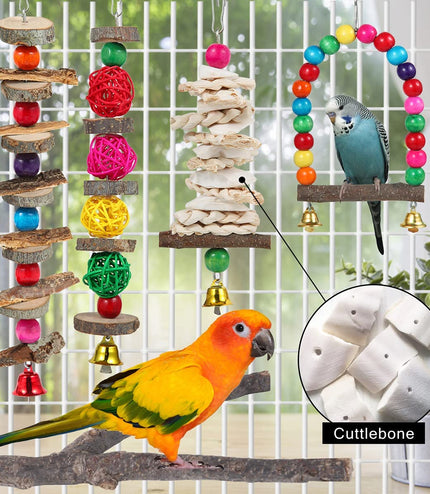 Bird Perch & Toys - 6 Pack Accessories, Wooden Chew Toys & Perch Stand for Parakeet, Conure, Cockatiel, Lovebird, Parrotlet, Budgie, Finches & Other Small to Medium Sized Birds