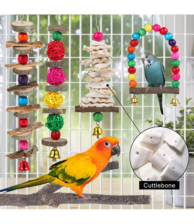 Bird Perch & Toys - 6 Pack Accessories, Wooden Chew Toys & Perch Stand for Parakeet, Conure, Cockatiel, Lovebird, Parrotlet, Budgie, Finches & Other Small to Medium Sized Birds