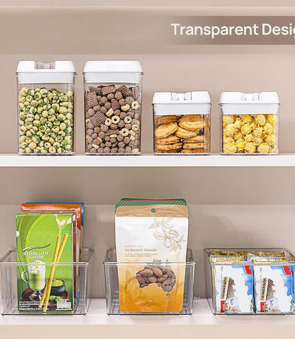 4 Pack Food Storage Organizer Bins, Clear Plastic Bins for Pantry, Kitchen, Fridge, Cabinet Organization and Storage, 4 Compartment Holder Packets, Snacks, Pouches, Spice Packets
