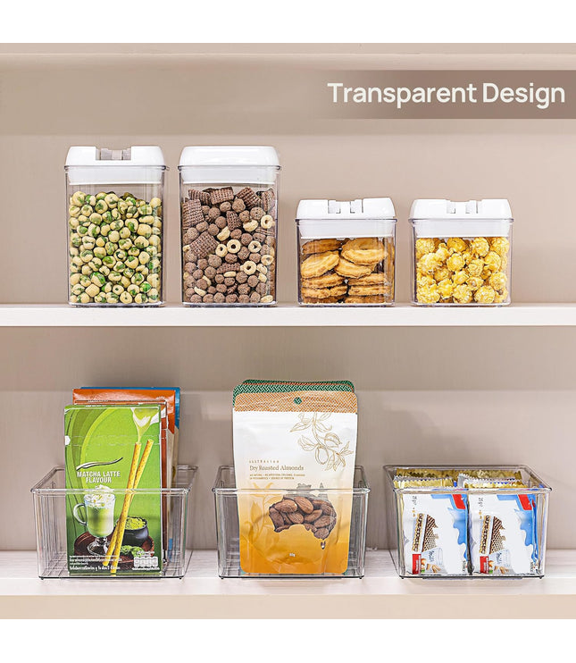 4 Pack Food Storage Organizer Bins, Clear Plastic Bins for Pantry, Kitchen, Fridge, Cabinet Organization and Storage, 4 Compartment Holder Packets, Snacks, Pouches, Spice Packets